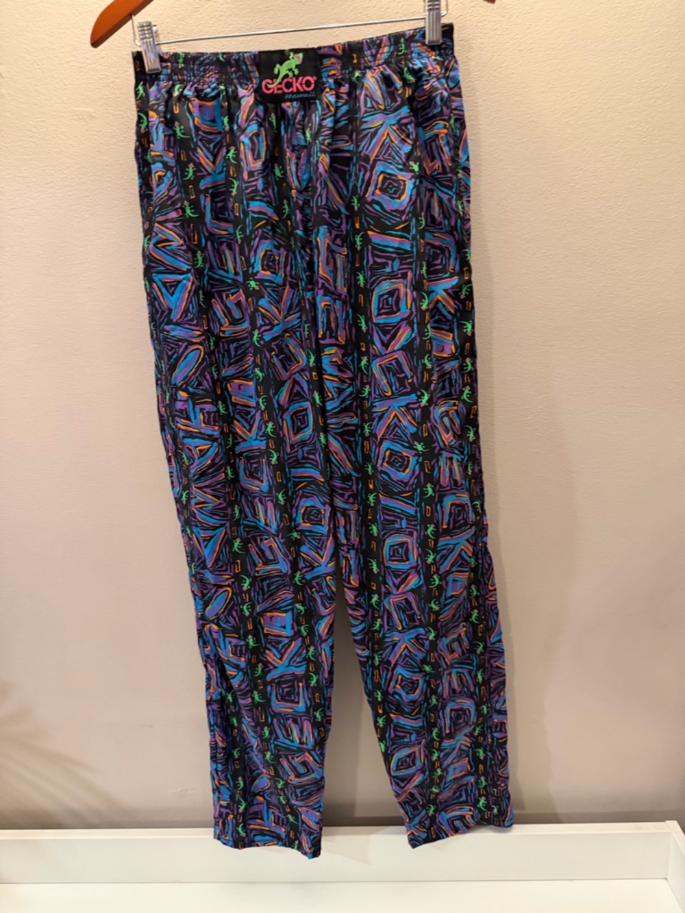 Gecko Hawaii Mens Large Neon Geometric Lizard Print Elastic Waist Beach Pants